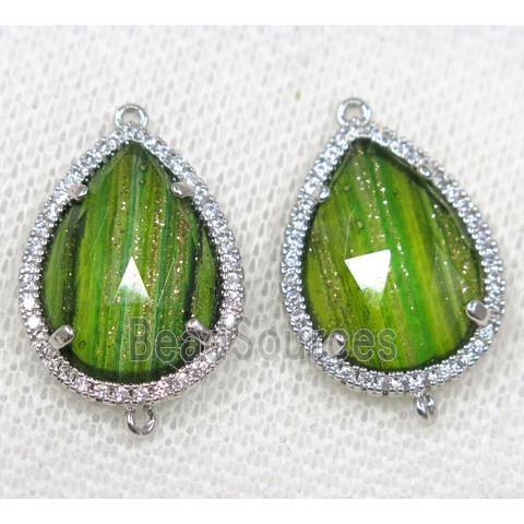 green crystal glass connector paved rhinestone, faceted teardrop, platinum plated