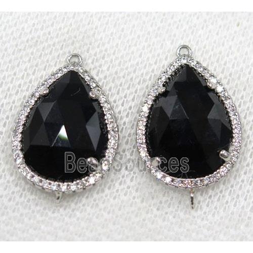 black crystal glass connector paved rhinestone, faceted teardrop, platinum plated