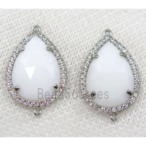 white crystal glass connector paved rhinestone, faceted teardrop, platinum plated