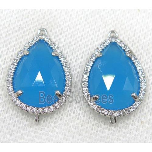 blue crystal glass connector paved rhinestone, faceted teardrop, platinum plated