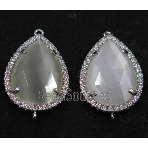 white crystal glass connector paved rhinestone, faceted teardrop, platinum plated