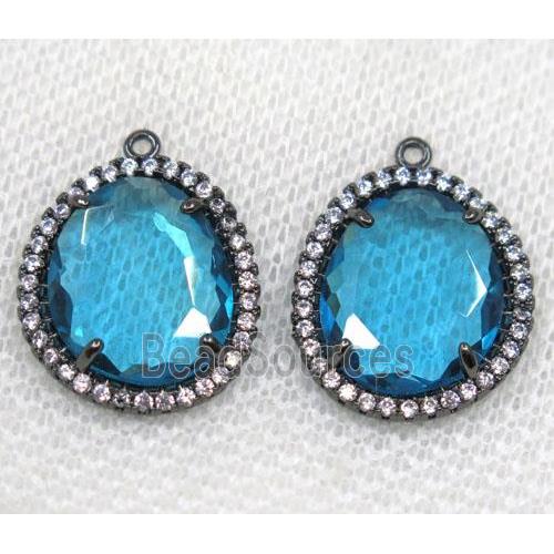 blue crystal glass pendant paved rhinestone, faceted teardrop, black plated