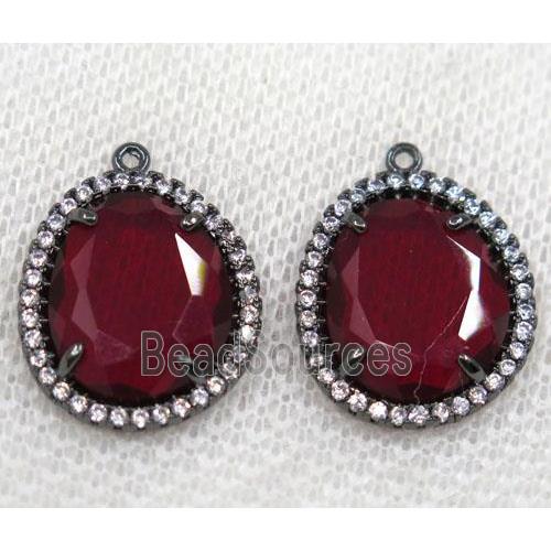 ruby crystal glass pendant paved rhinestone, faceted teardrop, black plated