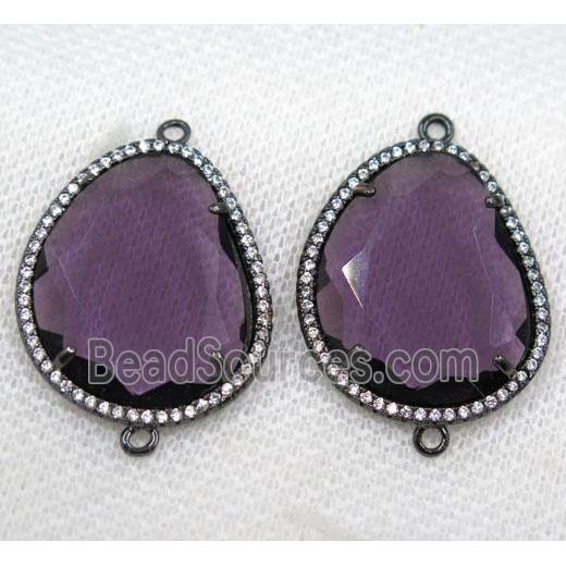 purple crystal glass connector paved rhinestone, faceted teardrop, black plated