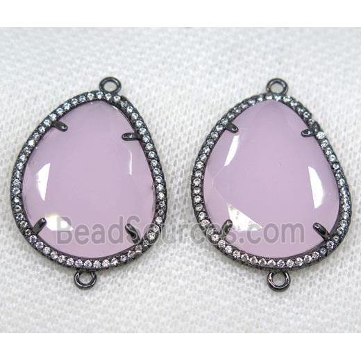 pink crystal glass connector paved rhinestone, faceted teardrop, black plated