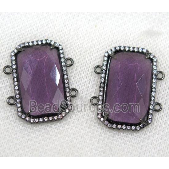 purple crystal glass connector paved rhinestone, faceted rectangle, black plated