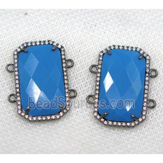 blue crystal glass connector paved rhinestone, faceted rectangle, black plated