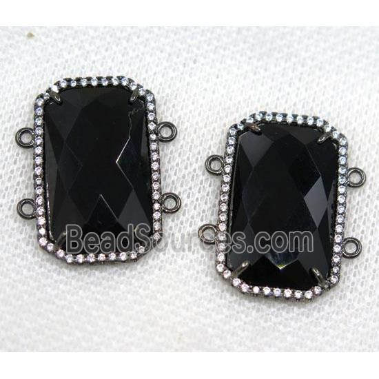 black crystal glass connector paved rhinestone, faceted rectangle, black plated