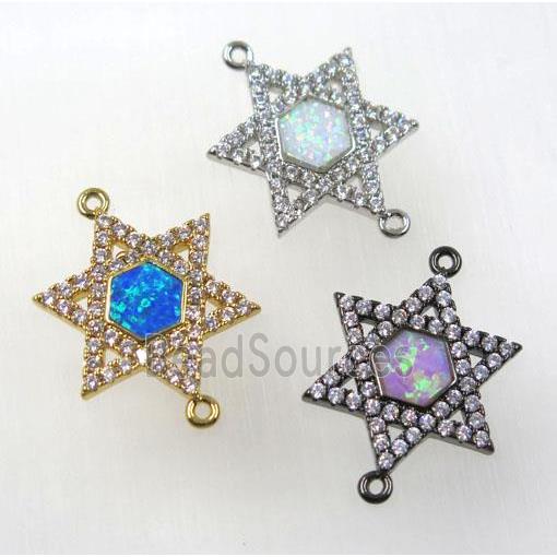 synthetic Fire Opal hexagram connector paved zircon, copper, mix color