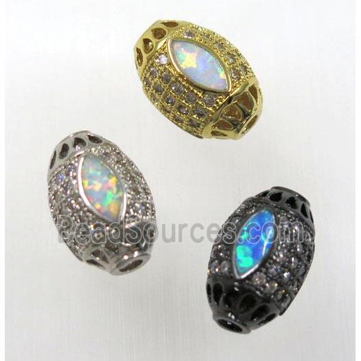 synthetic Fire Opal bead paved zircon, copper, barrel, mix color