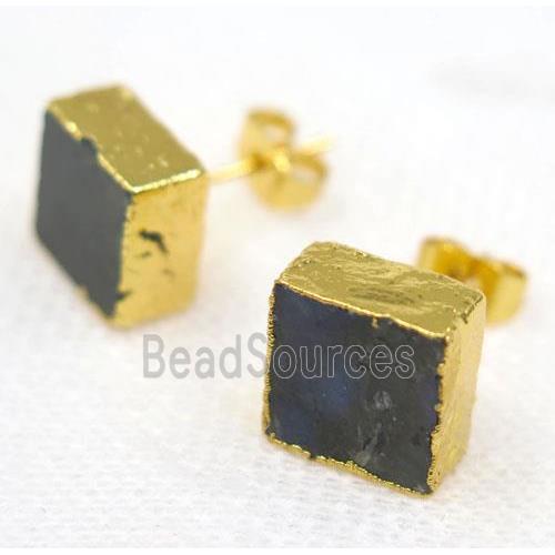 Labradorite earring stud, square, gold plated