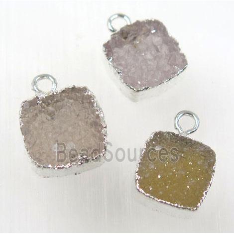 druzy agate pendant, natural color, square, silver plated