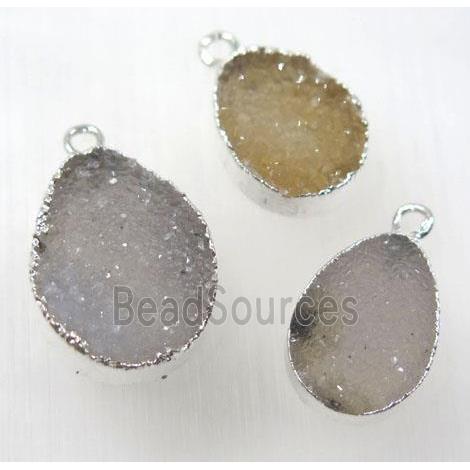 druzy agate pendant, natural color, teardrop, silver plated