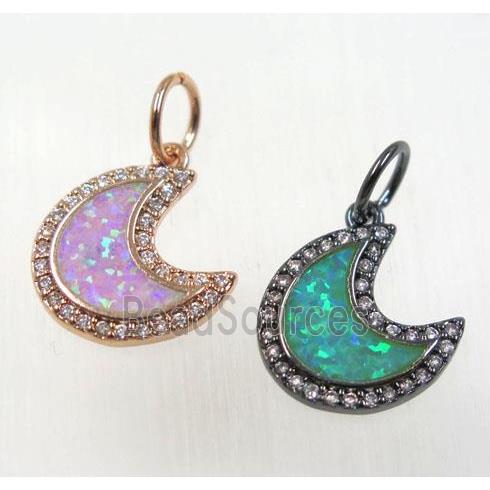 synthetic Fire Opal pendant paved zircon, crescent moon, copper, mix color