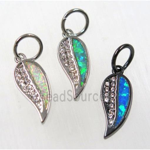 synthetic Fire Opal Leaf pendant paved zircon, copper, mix color