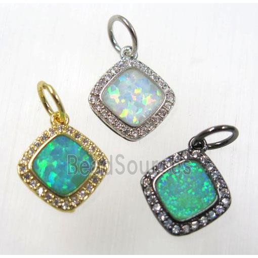 synthetic Fire Opal pendant paved zircon, copper, square, mix color