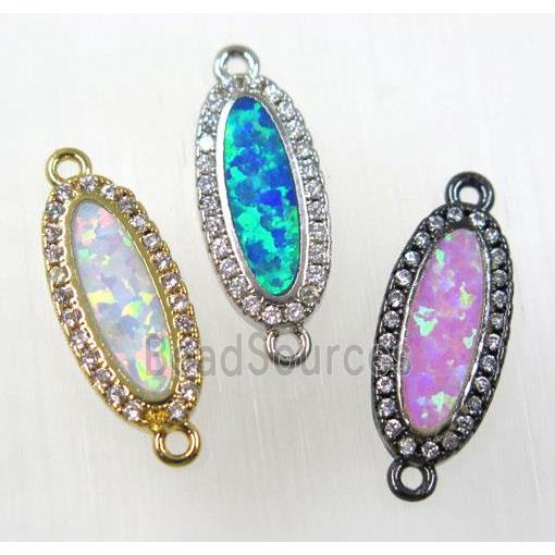 synthetic Fire Opal oval connector paved zircon, copper, mix color