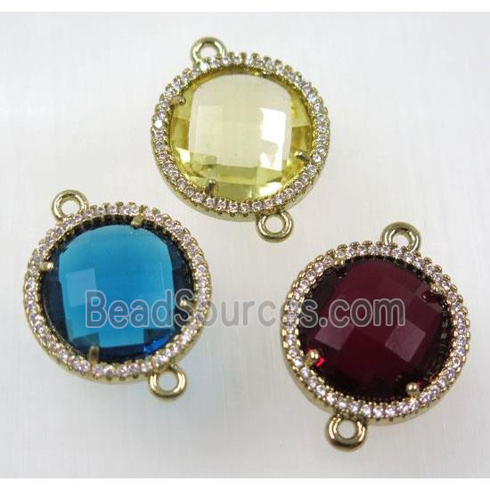 crystal glass connector paved zircon, flat round, gold plated, copper, mix color