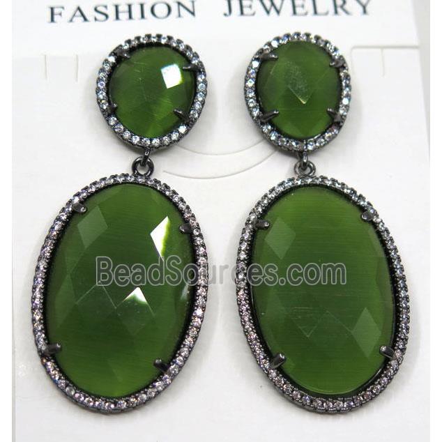 olive cat eye stone earring pave zircon