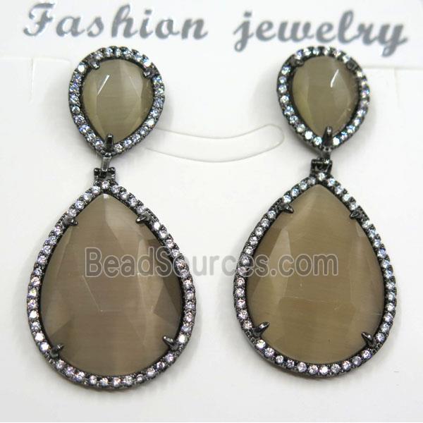 coffee cat eye stone earring pave zircon, teardrop