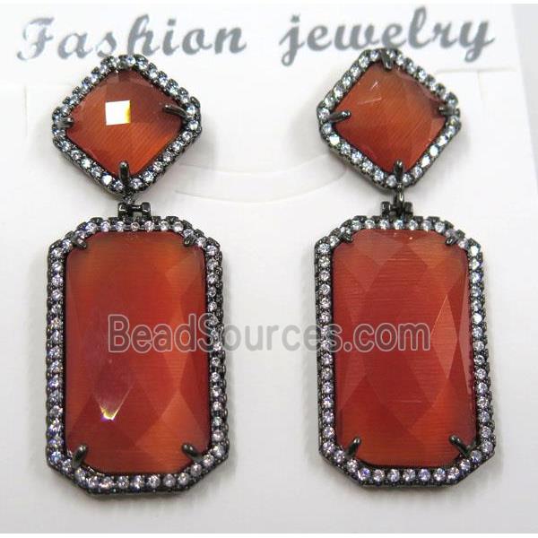 red cat eye stone earring pave zircon, rectangle