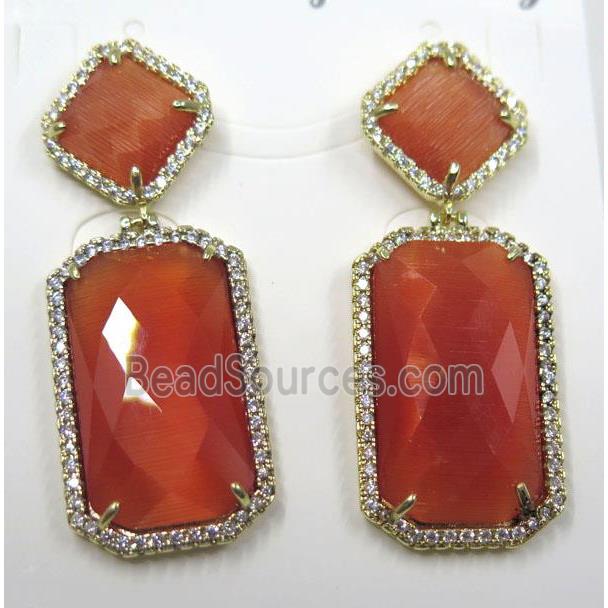 red cat eye stone earring pave zircon, rectangle