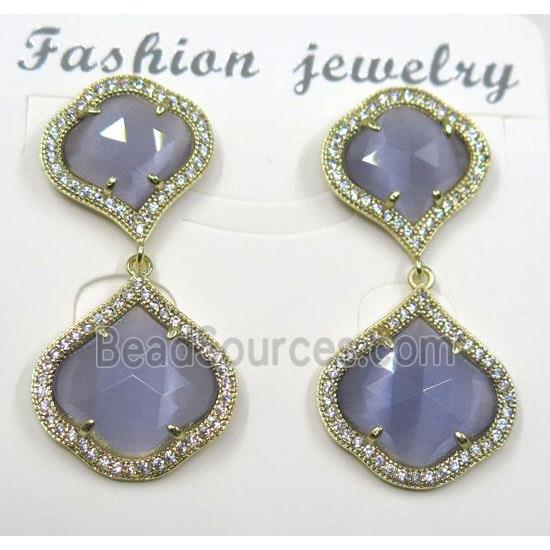 lavender cat eye stone earring pave zircon, clover