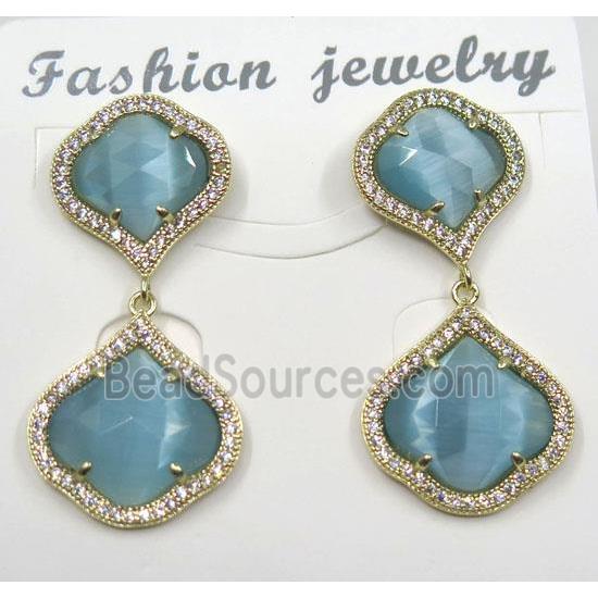 aqua cat eye stone earring pave zircon, clover