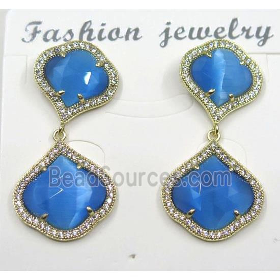 blue cat eye stone earring pave zircon, clover