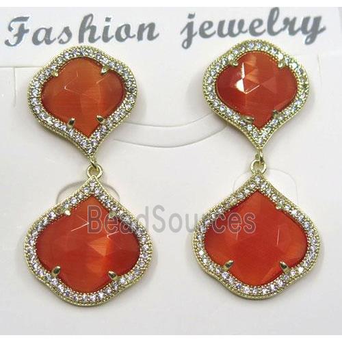 red cat eye stone earring pave zircon, clover