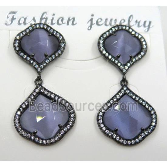 lavender cat eye stone earring pave zircon, clover