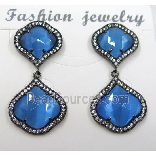 blue cat eye stone earring pave zircon, clover