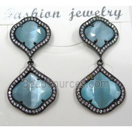 aqua cat eye stone earring pave zircon, clover