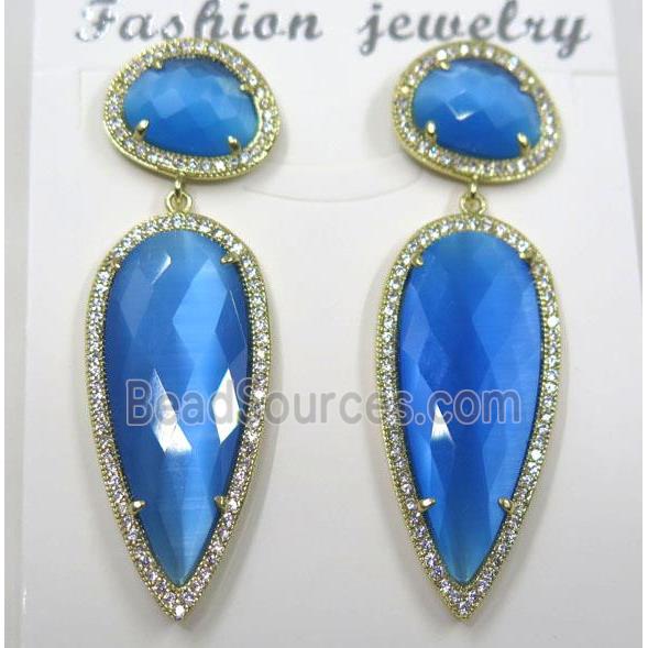 skyblue cat eye stone earring pave zircon, droplet