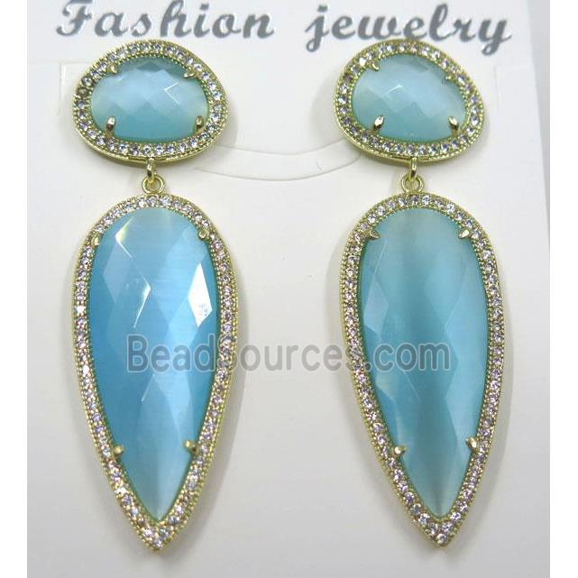 aqua cat eye stone earring pave zircon, droplet