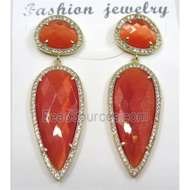 red cat eye stone earring pave zircon, droplet