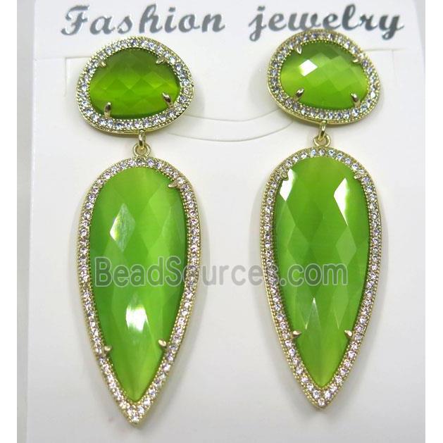 olive cat eye stone earring pave zircon, droplet