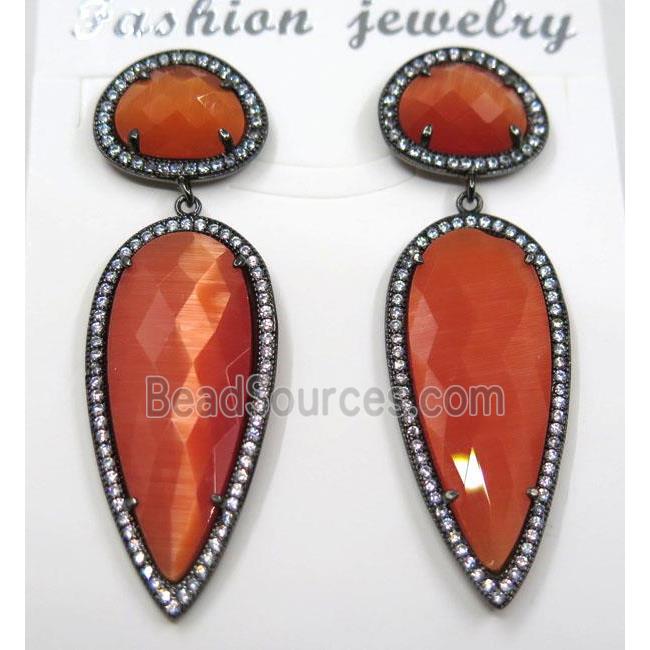 red cat eye stone earring pave zircon, droplet