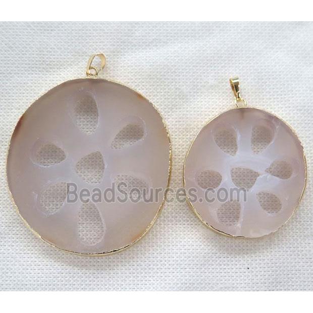 gray agate slice pendant, freeform, gold plated