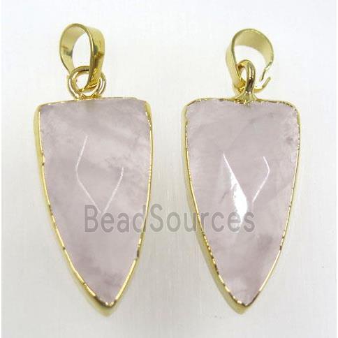 rose quartz arrowhead pendant, lt.pink, gold plated