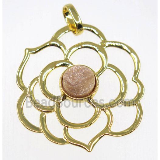 natural color Agate druzy pendant, copper flower, gold plated