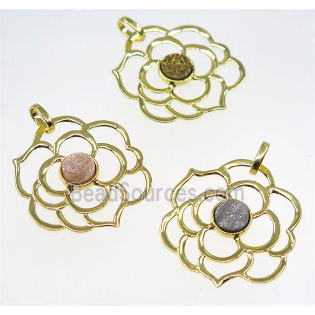 mix quartz druzy pendant, copper flower, gold plated