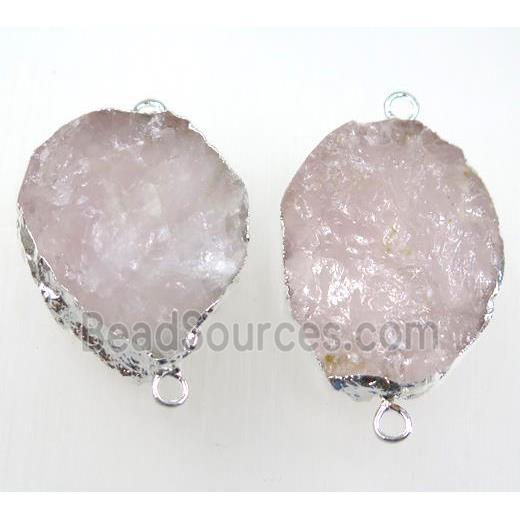 rough rose quartz connector, silver plated, freeform