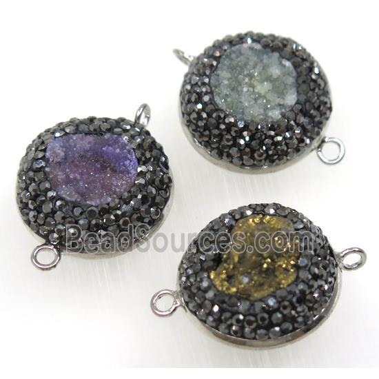 druzy Quartz connector paved rhinestone, flat-round, mix color