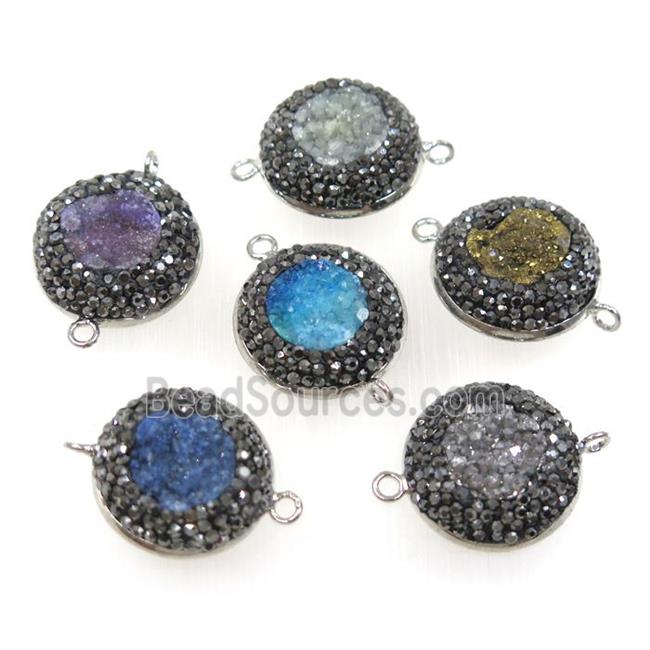 druzy Quartz connector paved rhinestone, flat-round, mix color