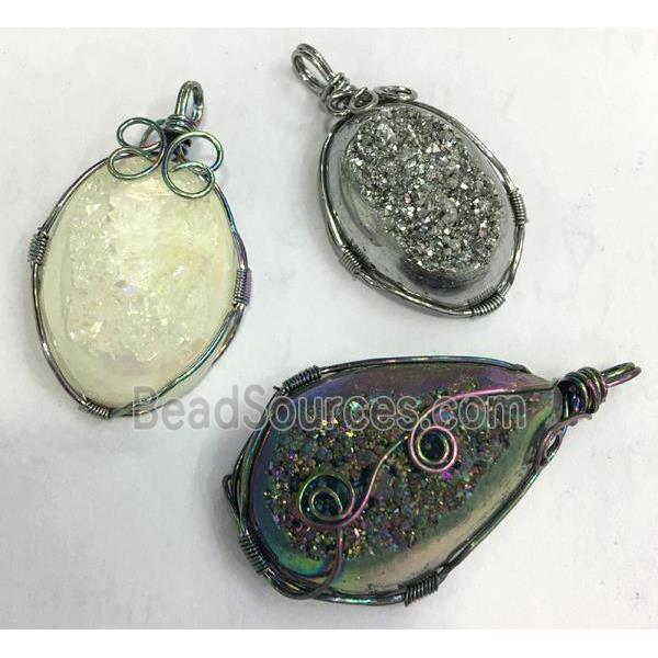 mix druzy Quartz pendant, freeform, wire wrapped