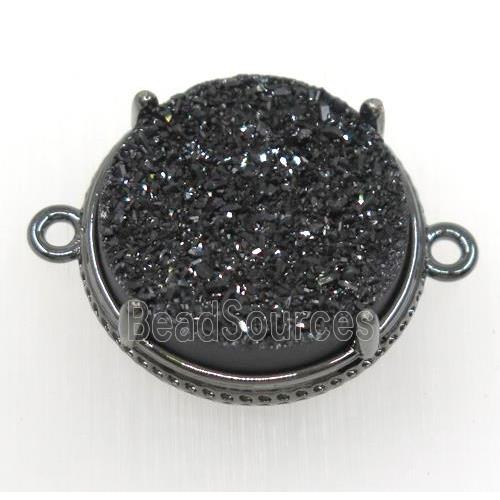 black druzy agate connector, flat round, black plated