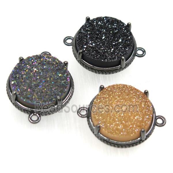 mix druzy agate connector, flat round, black plated