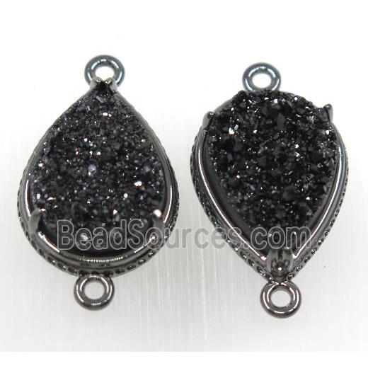 black druzy agate connector, teardrop, black plated