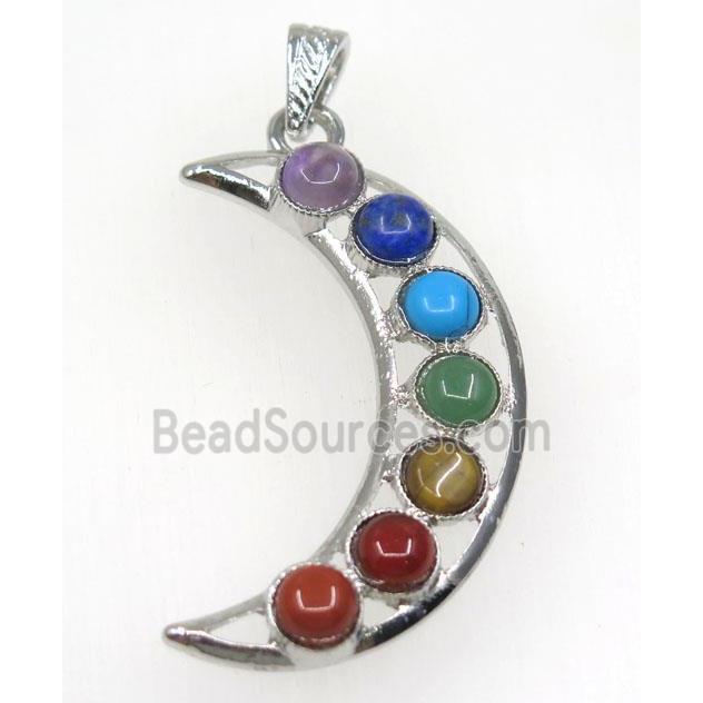 gemstone Chakra pendant, moon, alloy, platinum plated